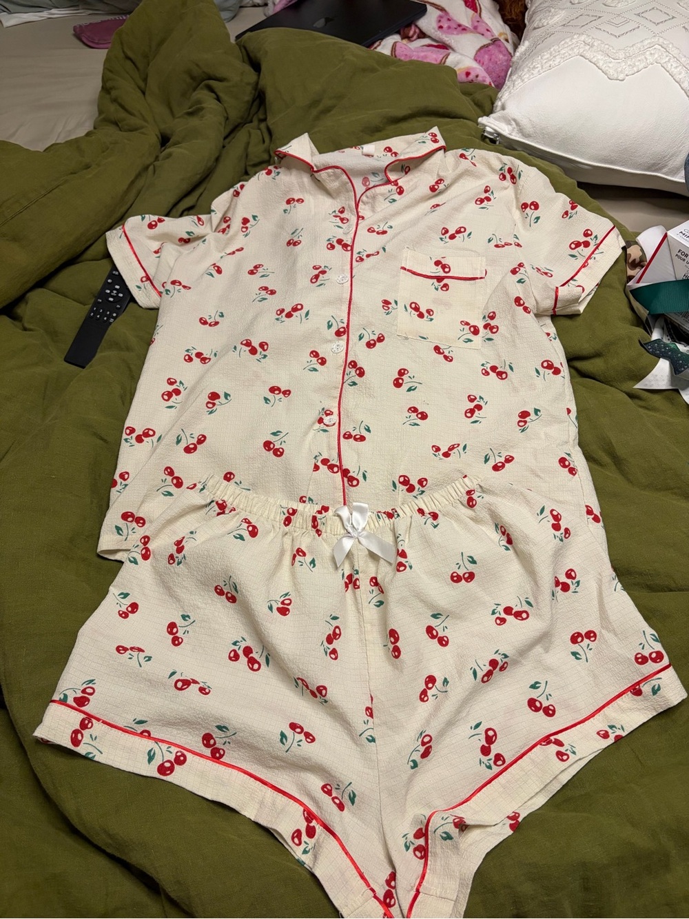 Girls Cream Cherry Print Short Pajama Set